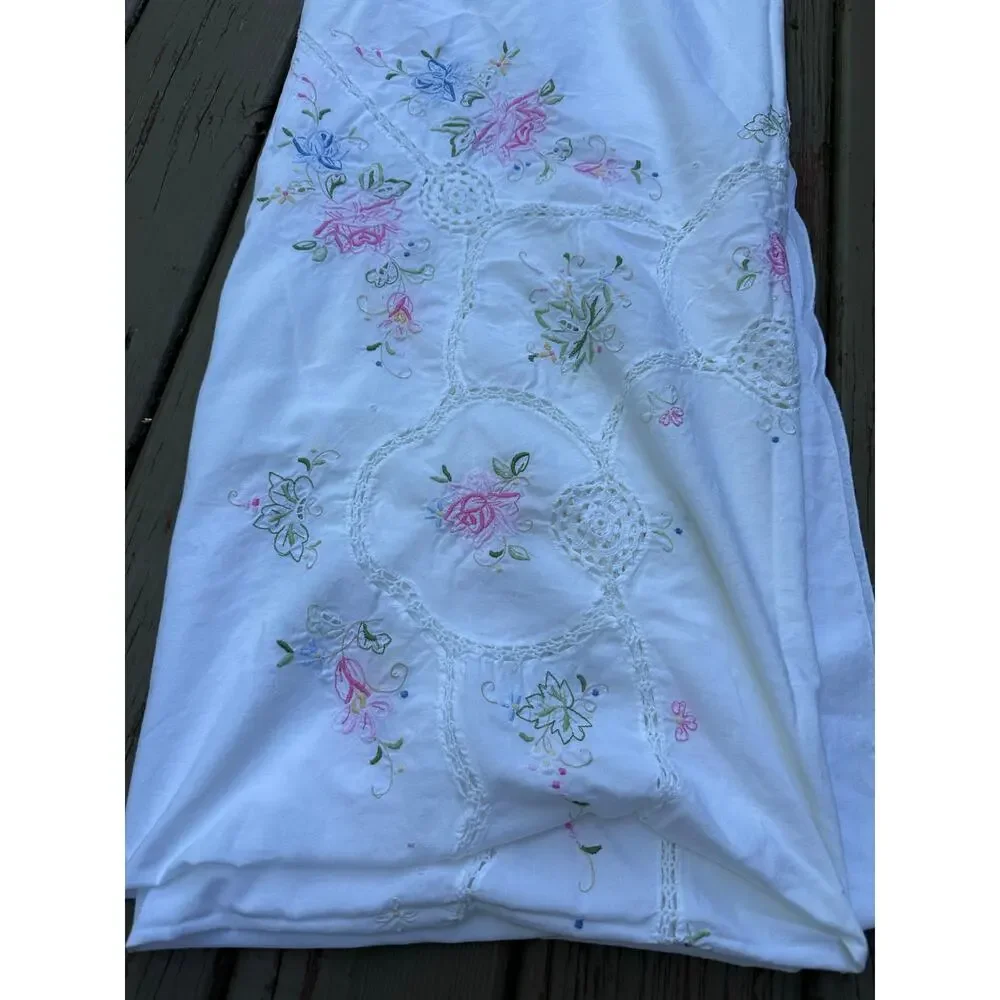 Vintage Hand Embroidered Tablecloth White floral pink blue beautiful cut out